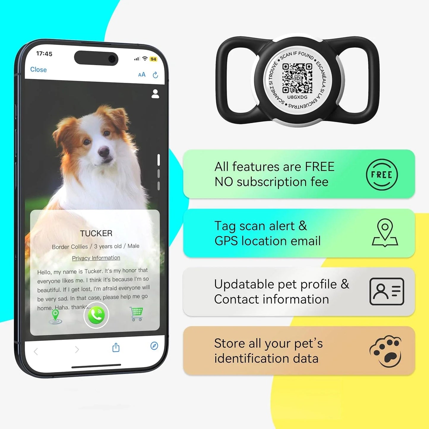 Waterproof Airtag Holder for Dog Collar with QR Code Tag, Soft Protective Lightweight Air Tag Case for Dog & Cat Collars Harness
