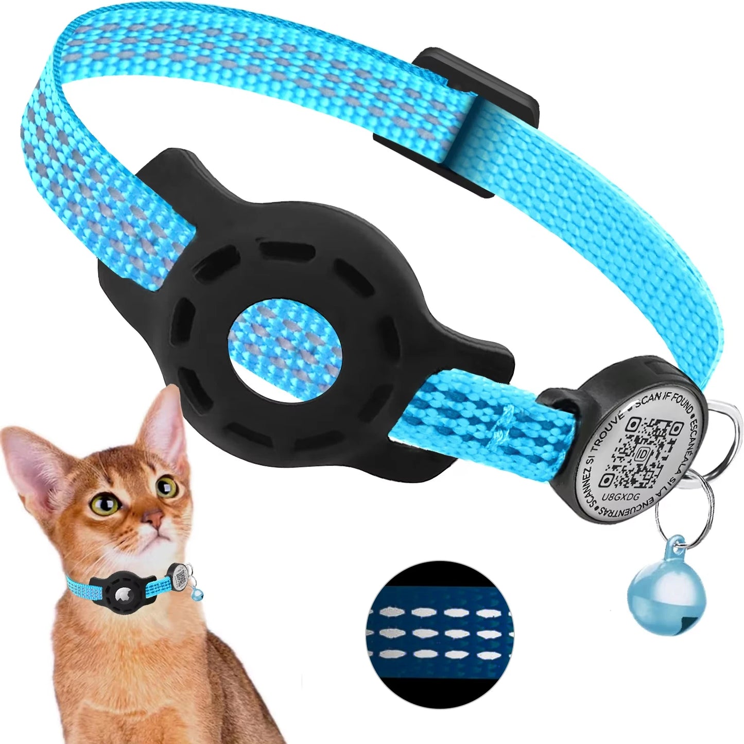 Cat GPS Collar with QR Code Tag & Airtag Case Reflective Apple Tag Cats Collar for Tracker Pet Breakaway Air Tag Kitten Collar