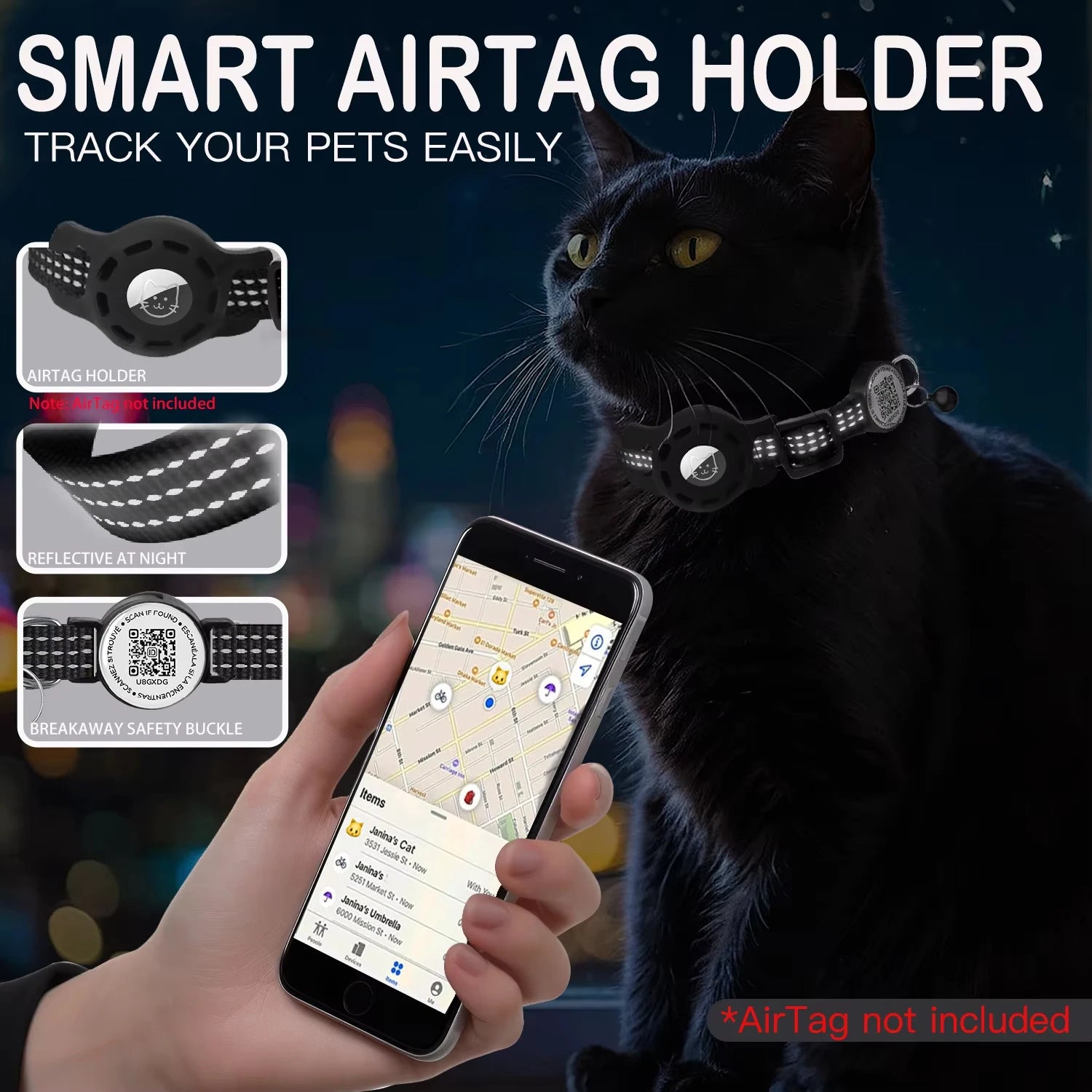 Cat GPS Collar with QR Code Tag & Airtag Case Reflective Apple Tag Cats Collar for Tracker Pet Breakaway Air Tag Kitten Collar