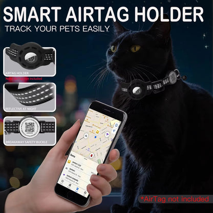 Cat GPS Collar with QR Code Tag & Airtag Case Reflective Apple Tag Cats Collar for Tracker Pet Breakaway Air Tag Kitten Collar