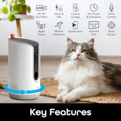 Pet Treat Dispenser with Camera - 2K HD Wifi Enabled Dog and Cat Automatic Smart Feeder Two-Way Audio Night Vision Auto-Follow