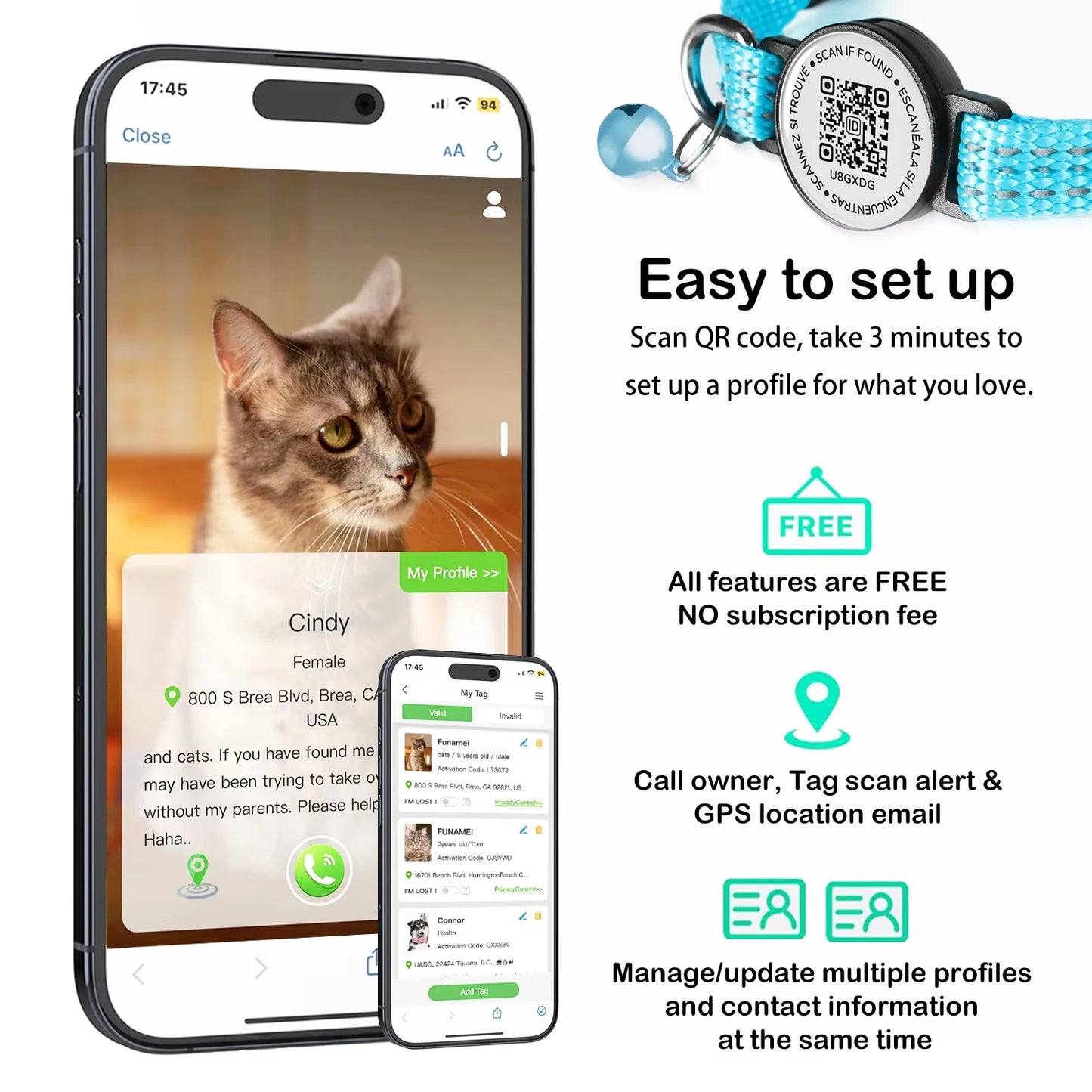 Cat GPS Collar with QR Code Tag & Airtag Case Reflective Apple Tag Cats Collar for Tracker Pet Breakaway Air Tag Kitten Collar