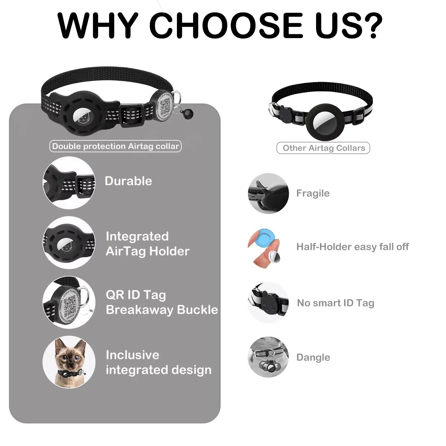 Cat GPS Collar with QR Code Tag & Airtag Case Reflective Apple Tag Cats Collar for Tracker Pet Breakaway Air Tag Kitten Collar