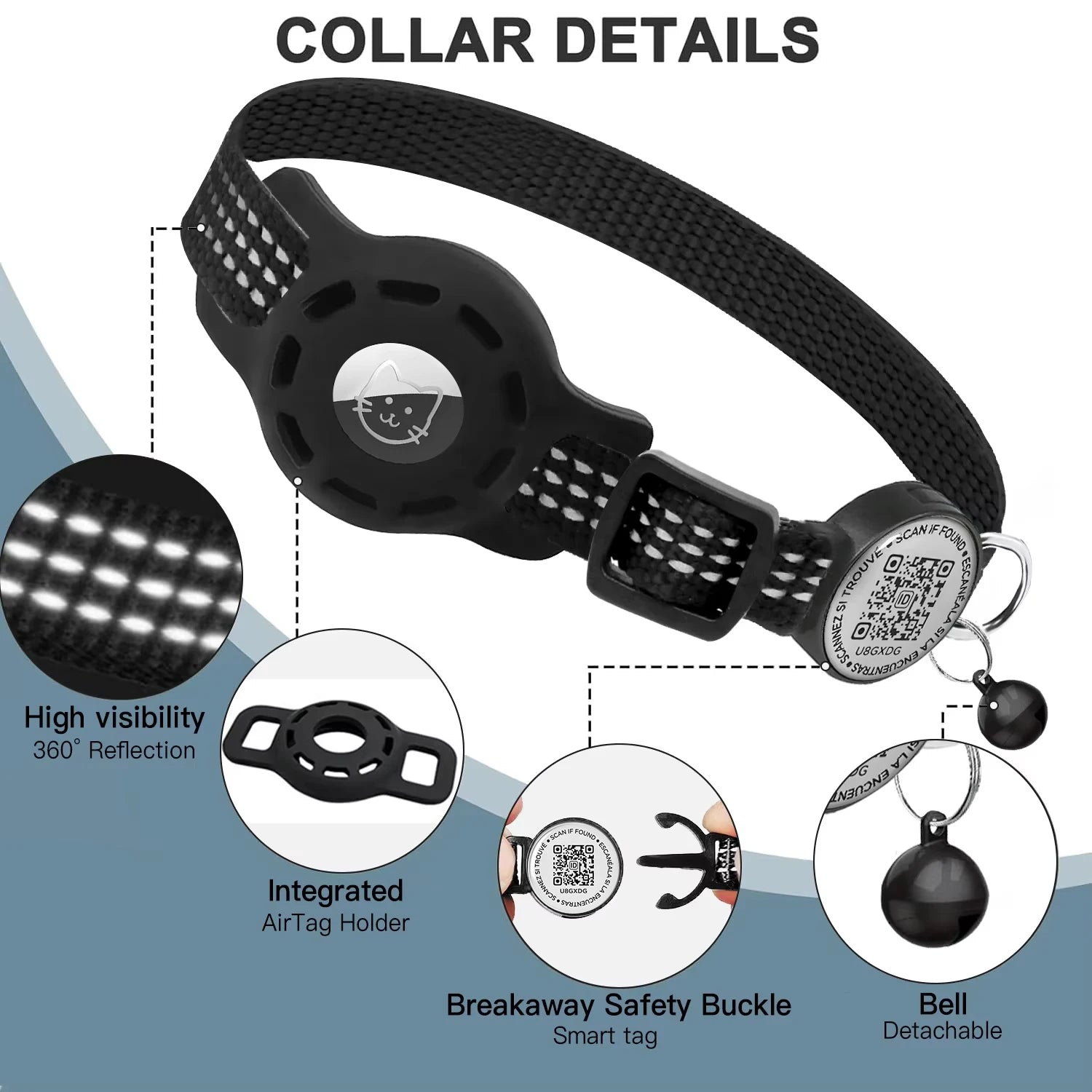 Cat GPS Collar with QR Code Tag & Airtag Case Reflective Apple Tag Cats Collar for Tracker Pet Breakaway Air Tag Kitten Collar