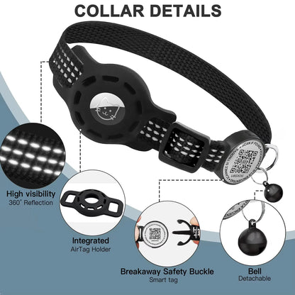 Cat GPS Collar with QR Code Tag & Airtag Case Reflective Apple Tag Cats Collar for Tracker Pet Breakaway Air Tag Kitten Collar