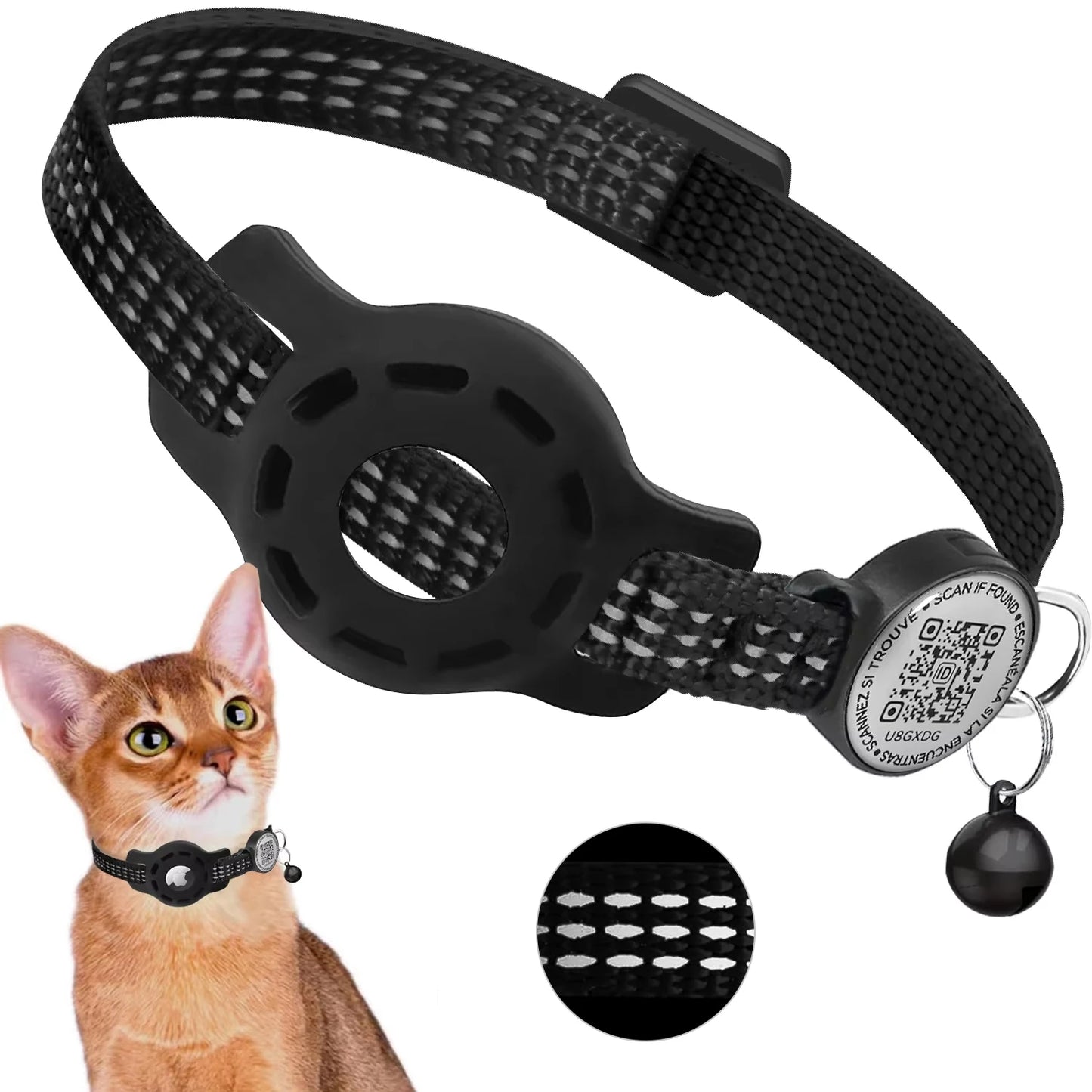 Cat GPS Collar with QR Code Tag & Airtag Case Reflective Apple Tag Cats Collar for Tracker Pet Breakaway Air Tag Kitten Collar
