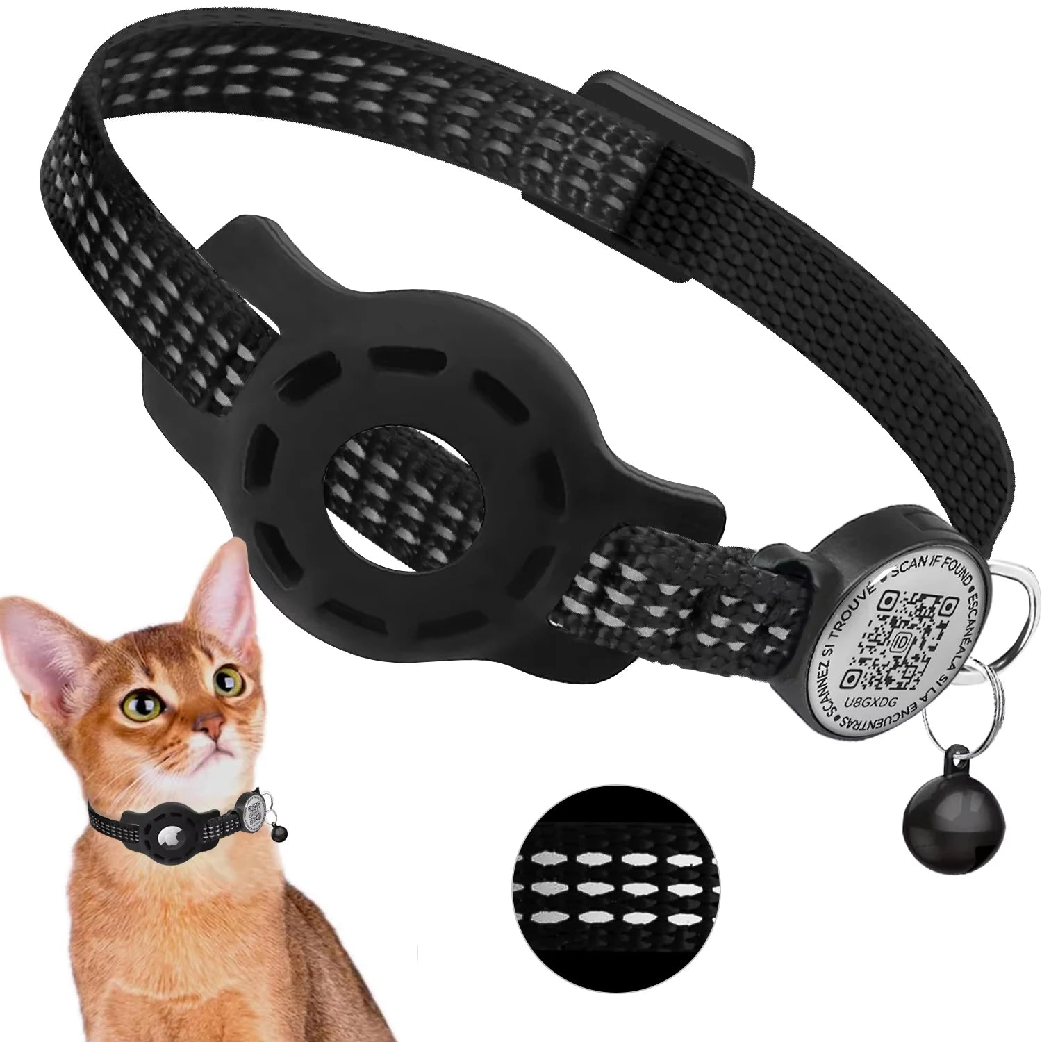 Cat GPS Collar with QR Code Tag & Airtag Case Reflective Apple Tag Cats Collar for Tracker Pet Breakaway Air Tag Kitten Collar